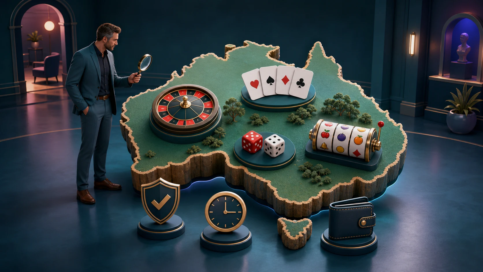 Original animated Australian casino overview with game formats, verification, time and spending boundaries