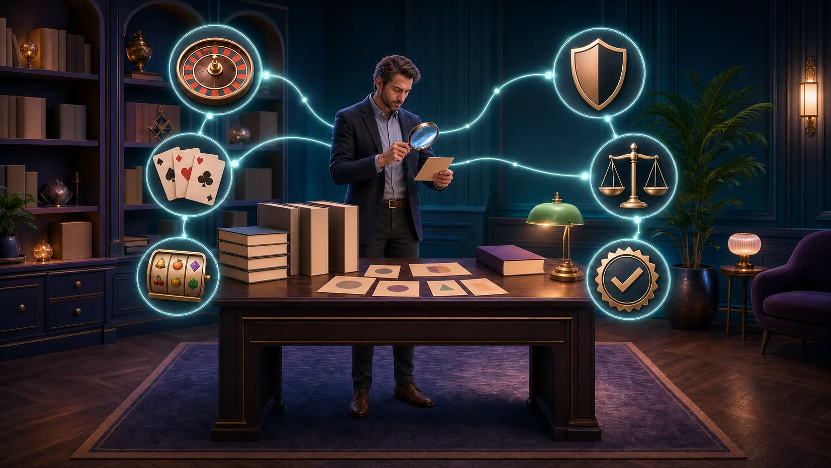 Original animated editor checking casino information, blank reference materials, safety and verification signals
