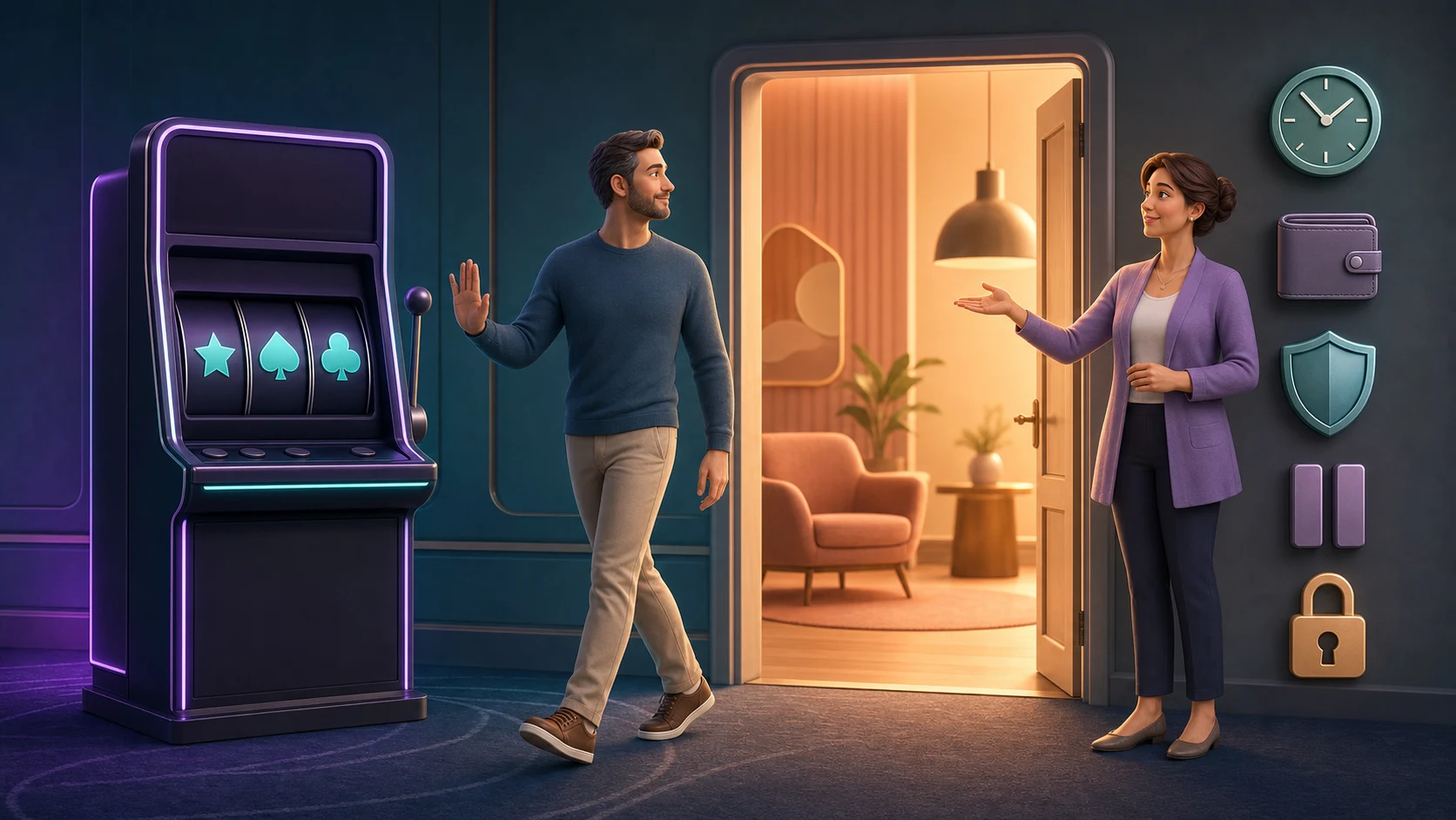 Original animated safer-play scene showing a pause, time awareness, support and a clear exit
