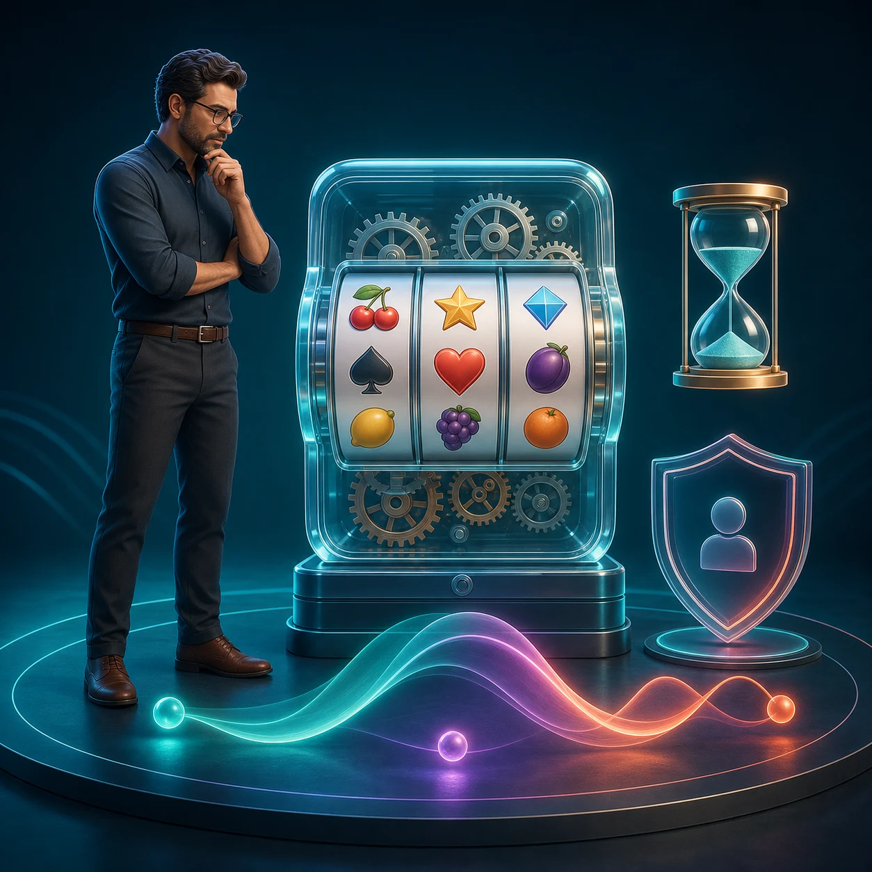 Original animated analyst examining pokie reels, mechanics, timing and safer-play boundaries