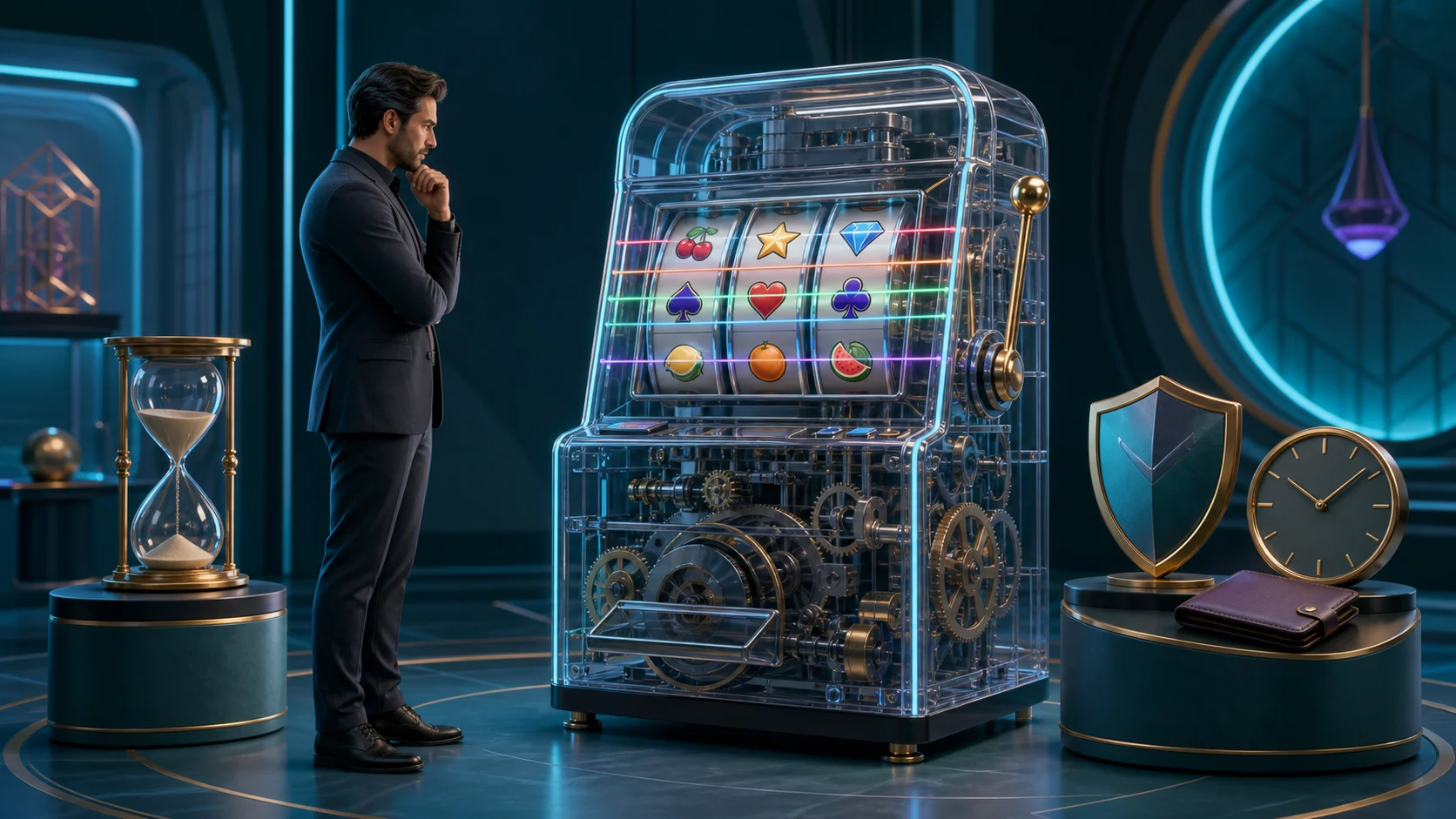 Original animated analyst examining icon-only pokie reels, internal mechanics, paylines, time and safer boundaries