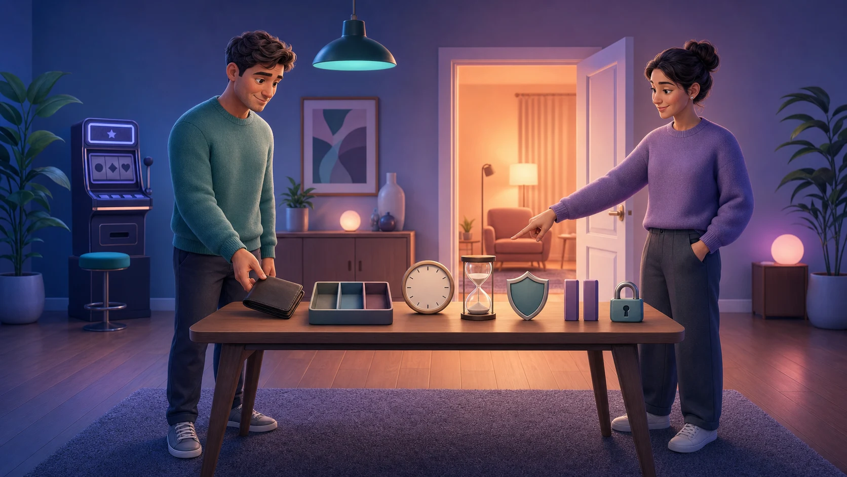 Original animated responsible-play scene showing budget and time boundaries, pause choices, support and a clear exit