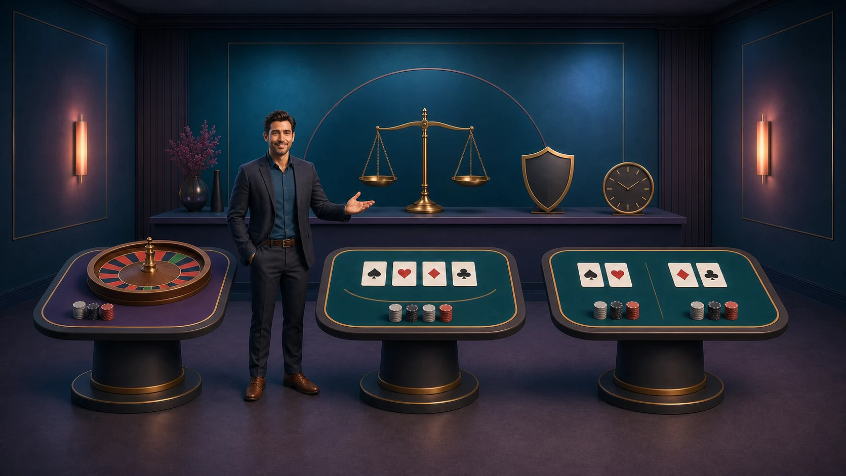 Original animated table-game instructor comparing roulette, blackjack and baccarat rule structures