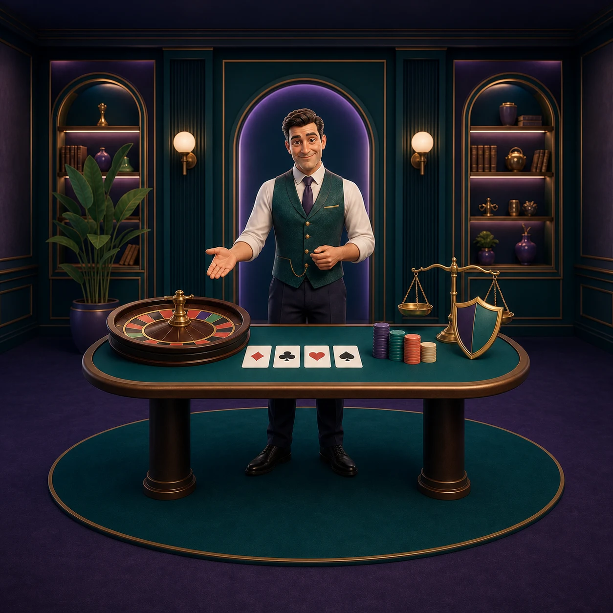 Original animated table instructor explaining roulette, card-game choices and balanced rules